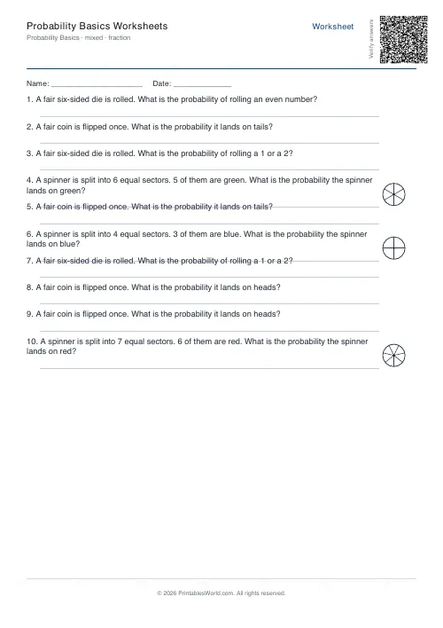 Free printable basic probability worksheet — Fraction, with answer key — PDF download