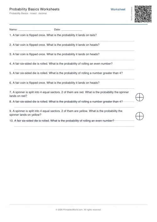 Free printable basic probability worksheet — Decimal, with answer key — PDF download