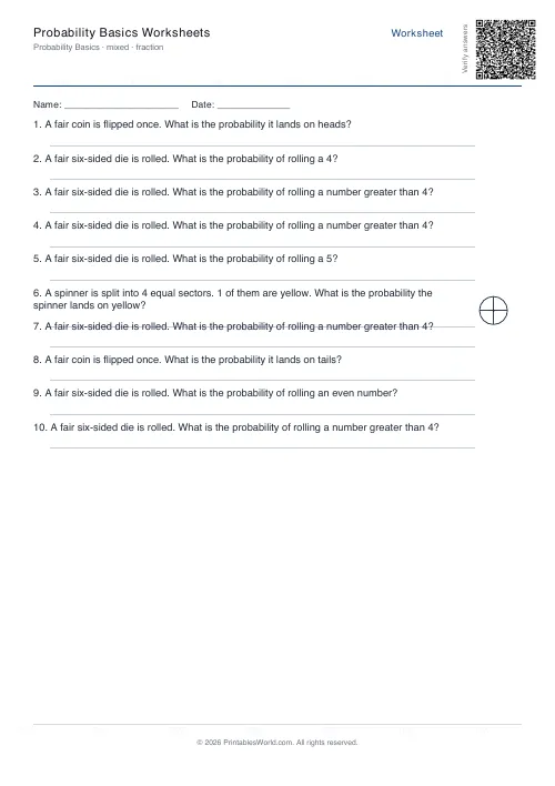 Free printable basic probability worksheet — Fraction — PDF download