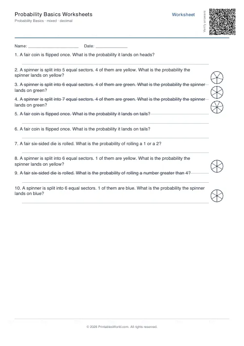 Free printable basic probability worksheet — Decimal — PDF download