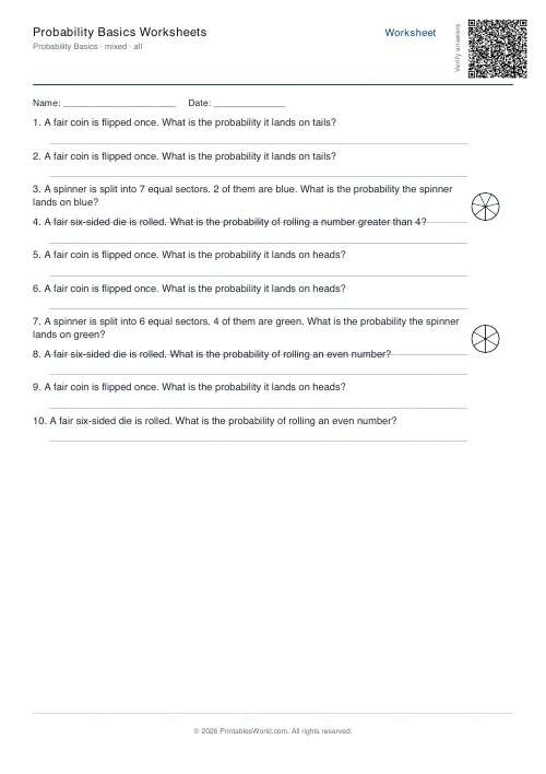 Free printable basic probability worksheet — All three — PDF download