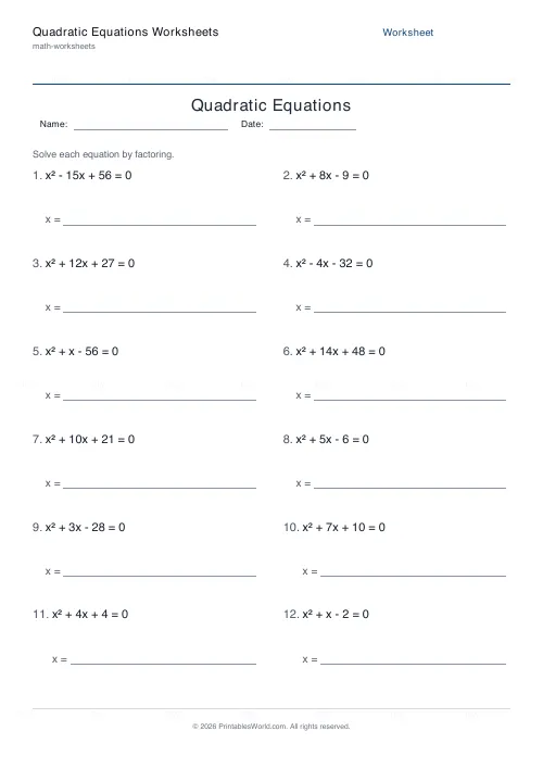Free printable quadratic equations worksheets — PDF download