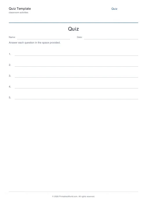 Free printable blank quiz template — 5 — PDF download