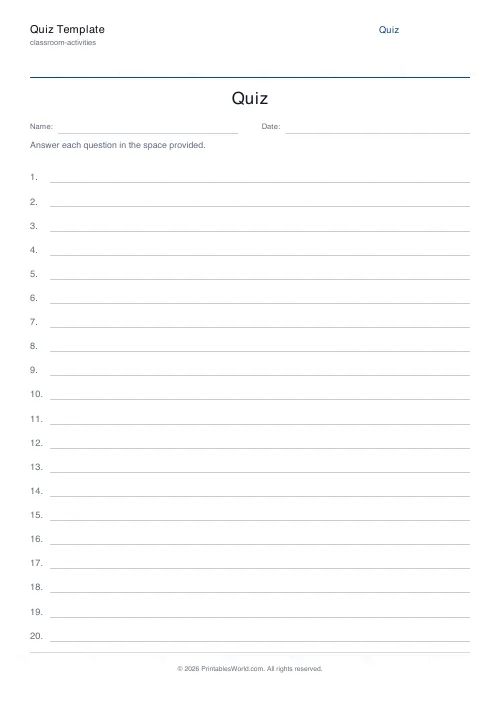 Free printable blank quiz template — 20 — PDF download