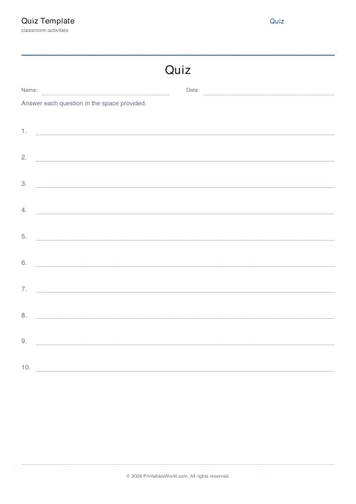 Free printable blank quiz template — Single line — PDF download