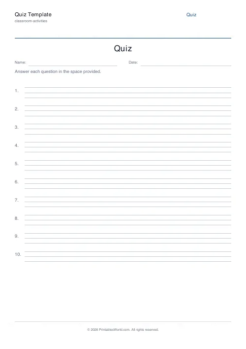 Free printable blank quiz template — Lined — PDF download