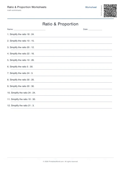 Free printable ratio and proportion worksheet — Simplify ratio — PDF download