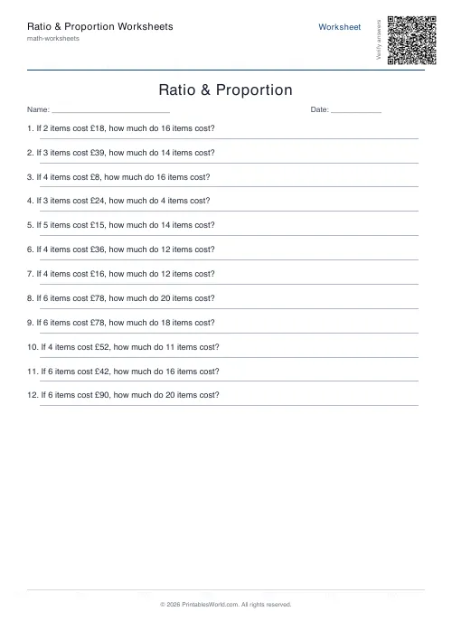 Free printable ratio and proportion worksheet — Direct proportion, with answer key — PDF download