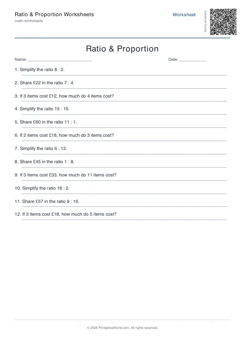 Free printable ratio and proportion worksheet — Mixed, with answer key — PDF download