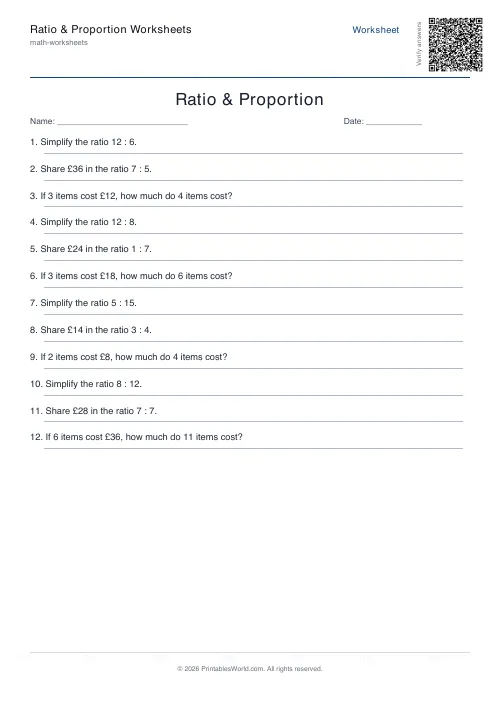 Free printable ratio and proportion worksheet — Up to 30, with answer key — PDF download