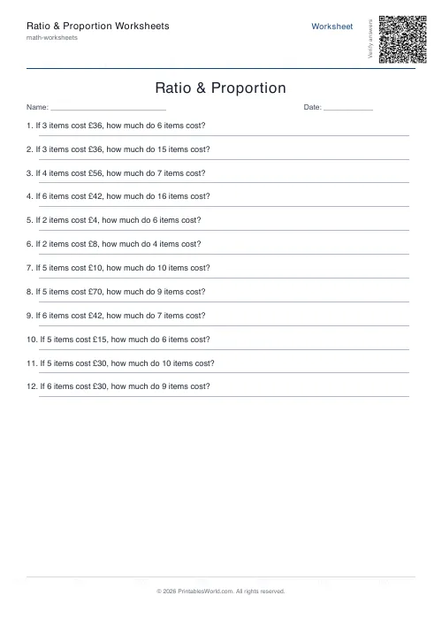 Free printable ratio and proportion worksheet — Direct proportion — PDF download