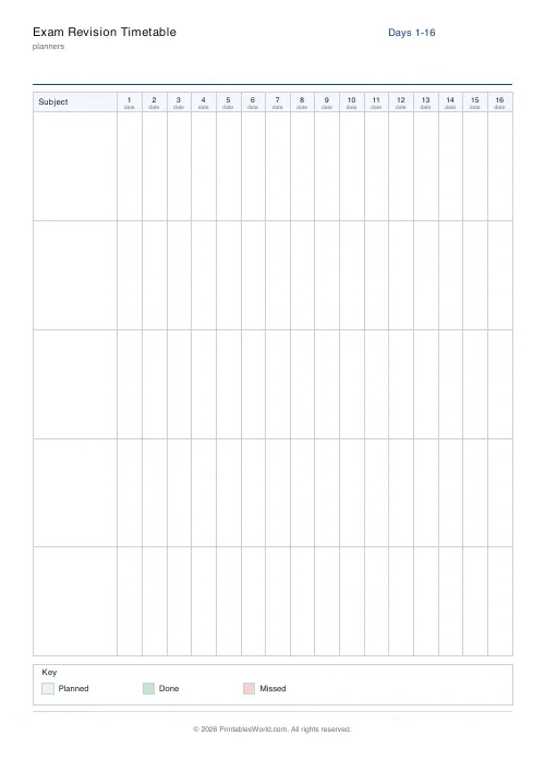 Free printable revision timetable — 5 subjects — PDF download