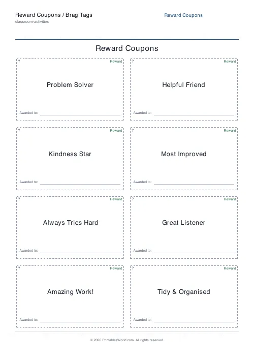 Free printable reward coupons / brag tags — Brag tags — PDF download