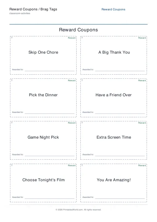 Free printable reward coupons / brag tags — Home rewards — PDF download