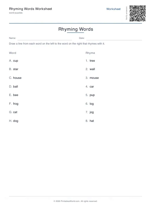 Free printable rhyming words worksheet — 8 pairs — PDF download