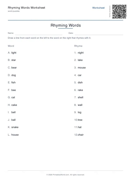 Free printable rhyming words worksheet — 12 pairs — PDF download