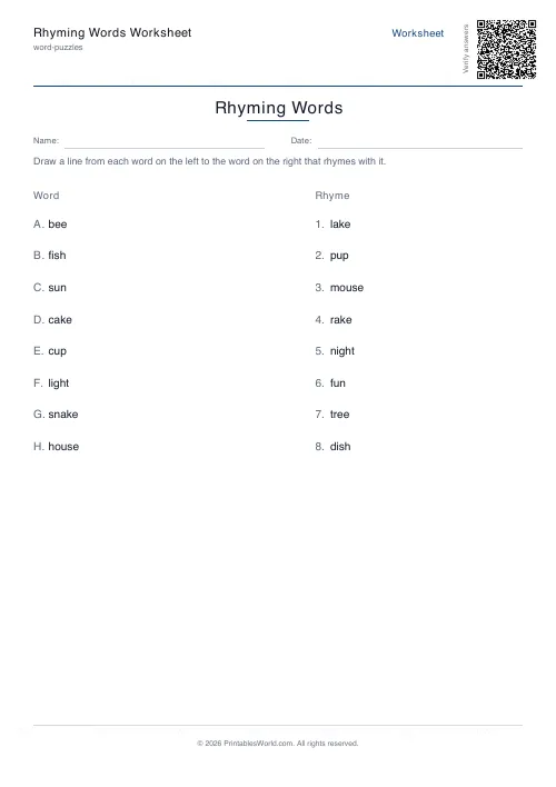 Free printable rhyming words worksheet — 8 pairs, with answer key — PDF download