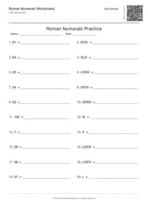 Free printable roman numerals worksheet — Mixed, with answer key — PDF download