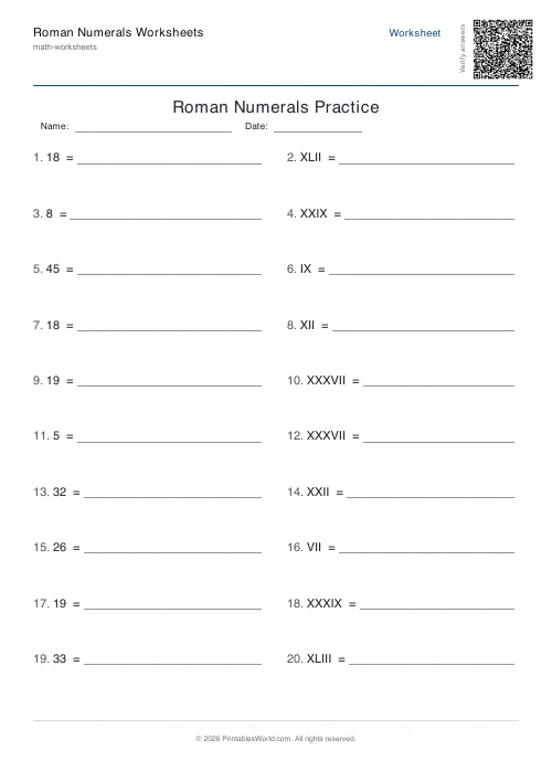 Free printable roman numerals worksheet — Up to 50, with answer key — PDF download