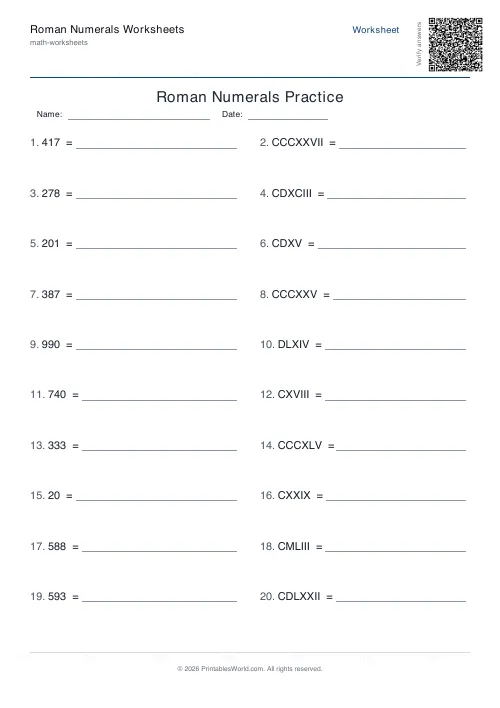 Free printable roman numerals worksheet — Up to 1000, with answer key — PDF download