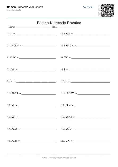 Free printable roman numerals worksheet — Roman to number — PDF download
