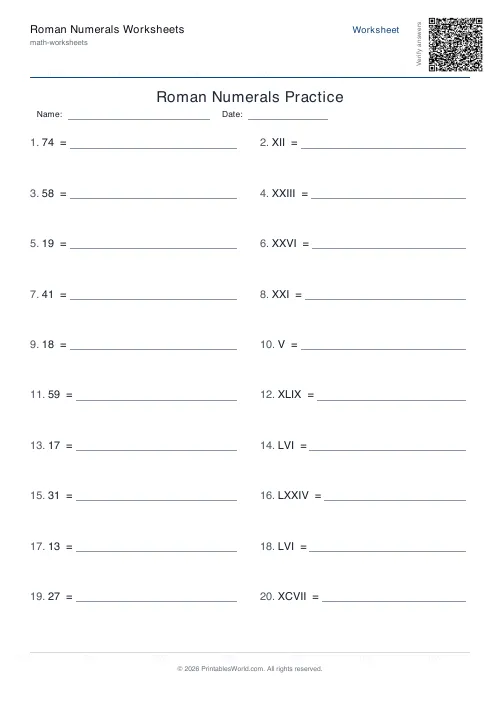 Free printable roman numerals worksheet — Mixed — PDF download