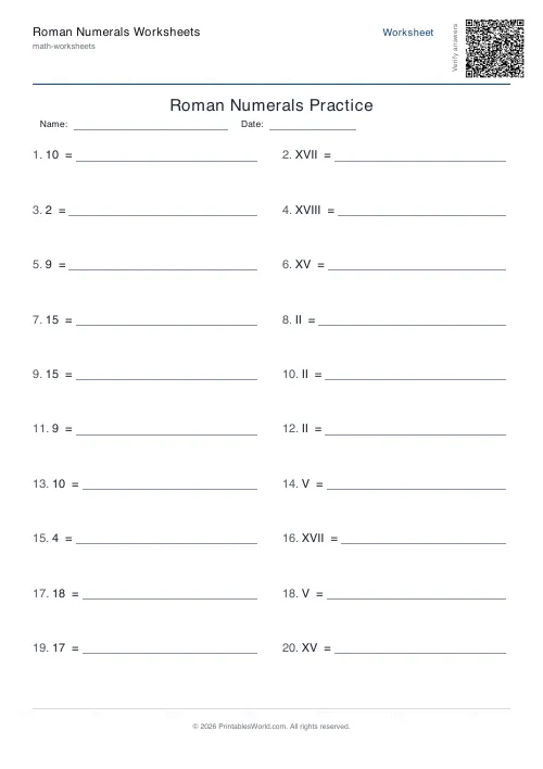 Free printable roman numerals worksheet — Up to 20 — PDF download
