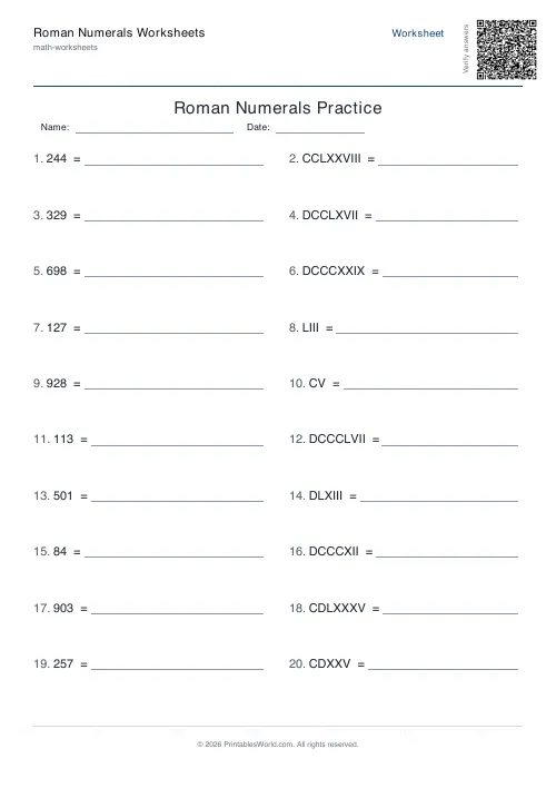 Free printable roman numerals worksheet — Up to 1000 — PDF download