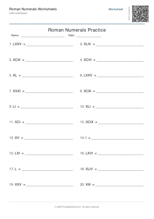 Free printable roman numerals worksheet — Roman to number, with answer key — PDF download