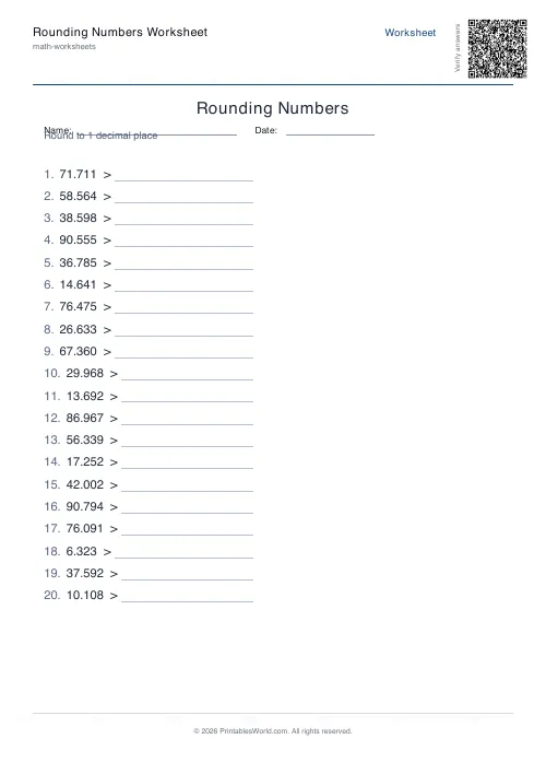Free printable rounding numbers worksheet — Decimal places, with answer key — PDF download