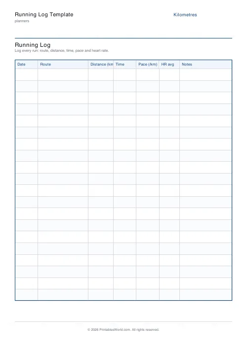 Free printable running log — Kilometres — PDF download