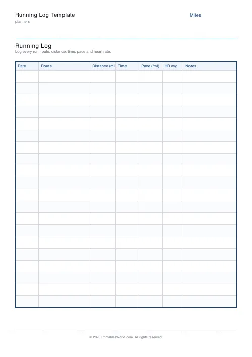 Free printable running log — Miles — PDF download