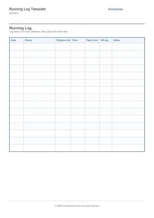 Free printable running log — 12 runs — PDF download
