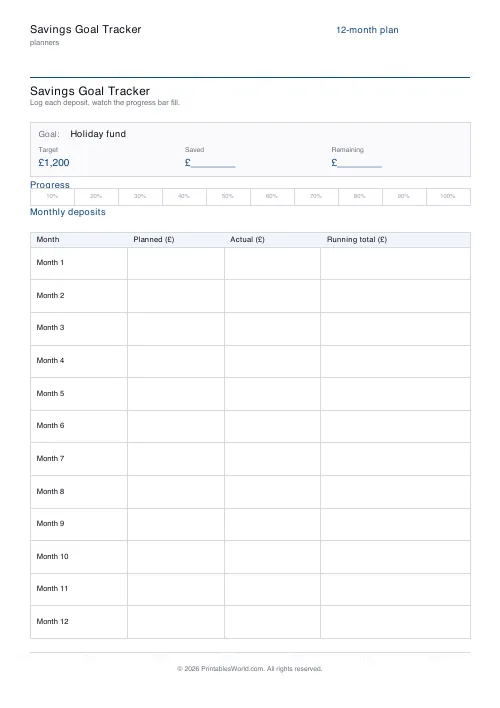 Free printable savings tracker — Pounds (GBP) — PDF download