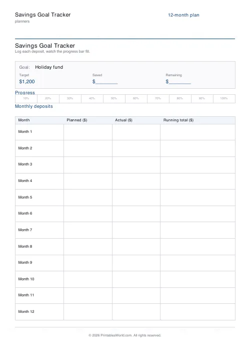 Free printable savings tracker — Dollars (USD) — PDF download