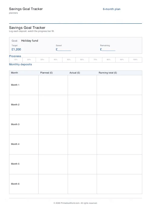 Free printable savings tracker — 6 months — PDF download