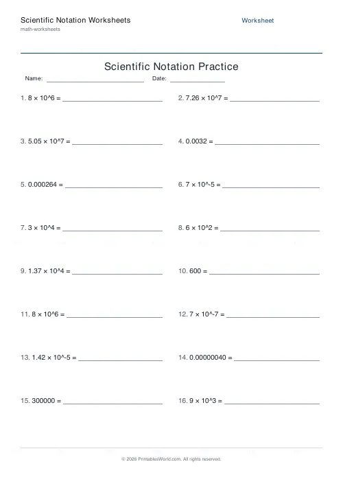 Free printable scientific notation worksheets — PDF download