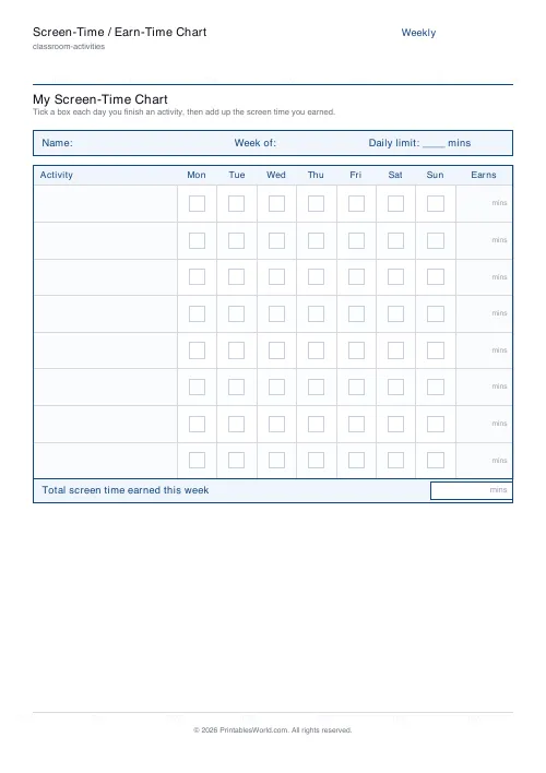 Free printable screen-time chart — 8 activities — PDF download