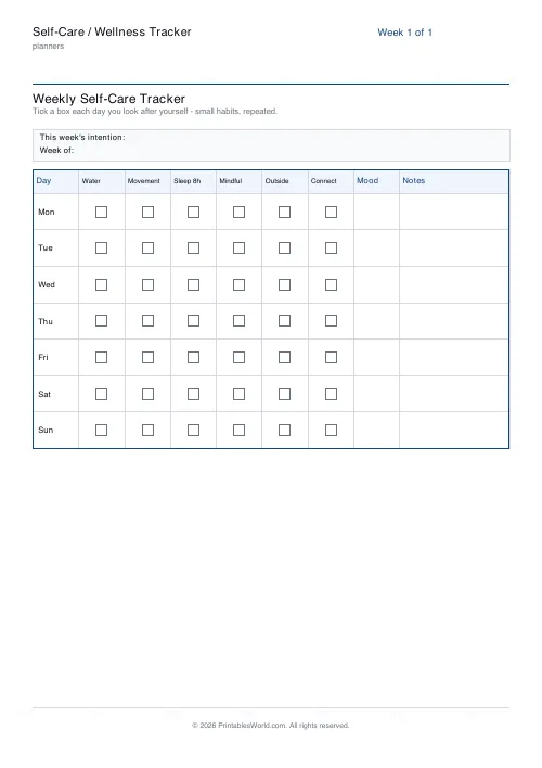 Free printable weekly self-care tracker — 1 week — PDF download