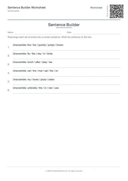 Free printable sentence unscrambling worksheet — 6 problems — PDF download