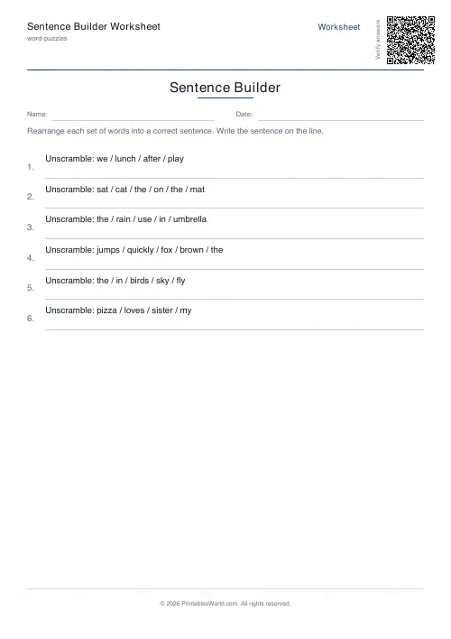 Free printable sentence unscrambling worksheet — 8 problems — PDF download