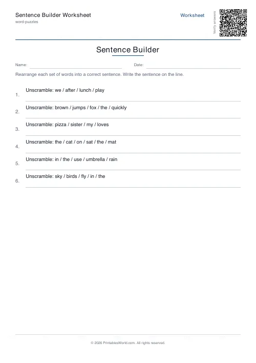 Free printable sentence unscrambling worksheet — 6 problems, with answer key — PDF download
