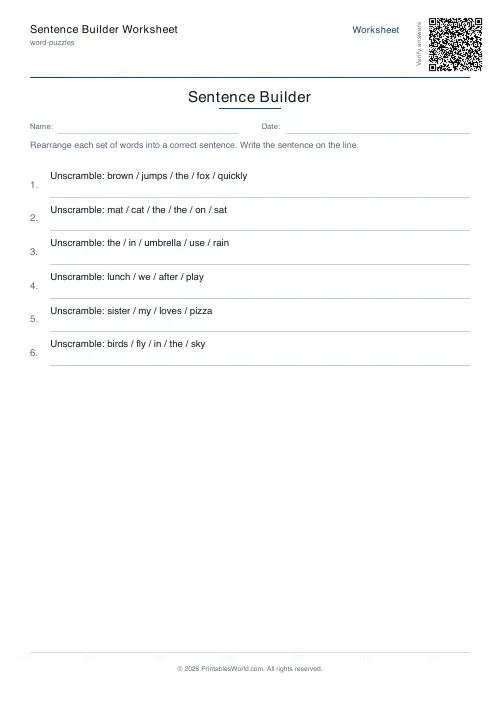 Free printable sentence unscrambling worksheet — 8 problems, with answer key — PDF download
