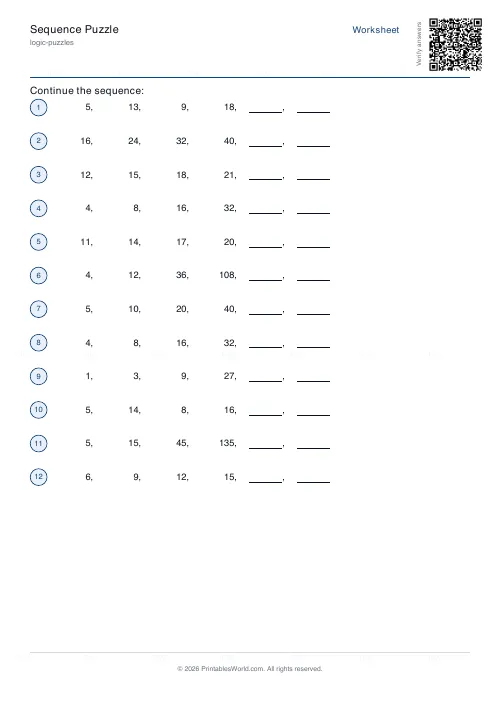 Free printable number sequence puzzle (12 sequences), PDF download