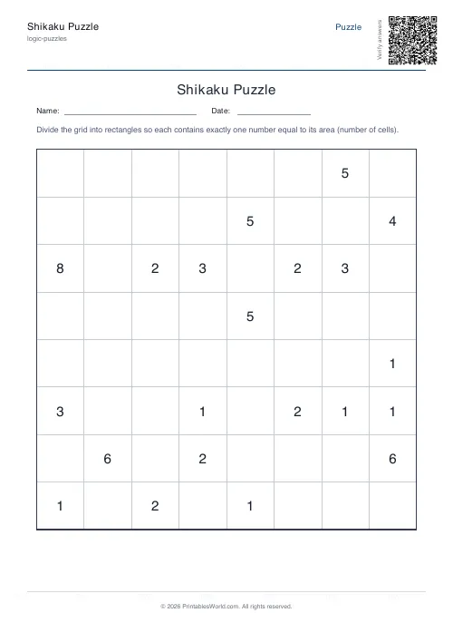 Free printable shikaku puzzle — Easy — PDF download