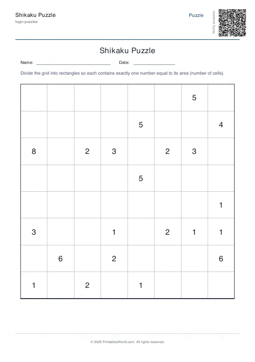Free printable shikaku puzzle — Hard, with answer key — PDF download