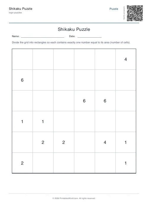 Free printable shikaku puzzle — 6x6, with answer key — PDF download