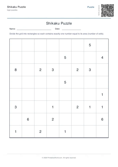 Free printable shikaku puzzle — 8x8, with answer key — PDF download