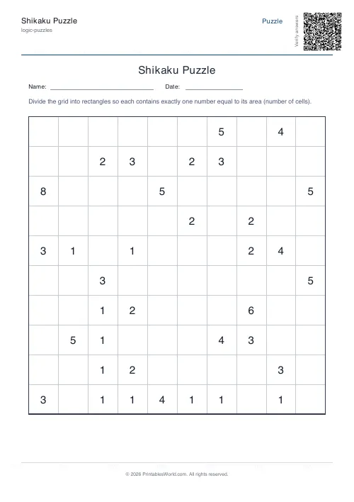 Free printable shikaku puzzle — 10x10, with answer key — PDF download