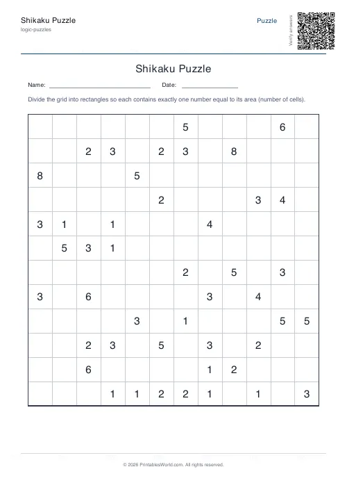 Free printable shikaku puzzle — 12x12, with answer key — PDF download